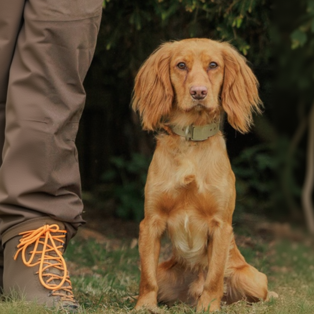 Dog wearing a Hoss collar beside a handler's leg