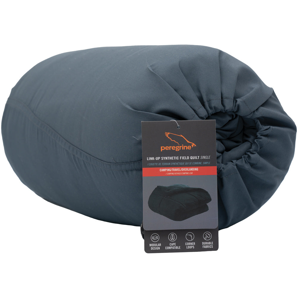 Peregrine Link-Up Single Stone Gray quilt packed with its product label