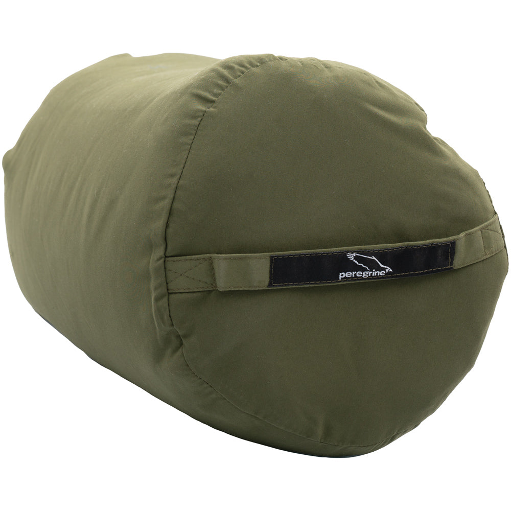 Peregrine Link-Up Double Olive Green quilt packed in its handled stuff sack