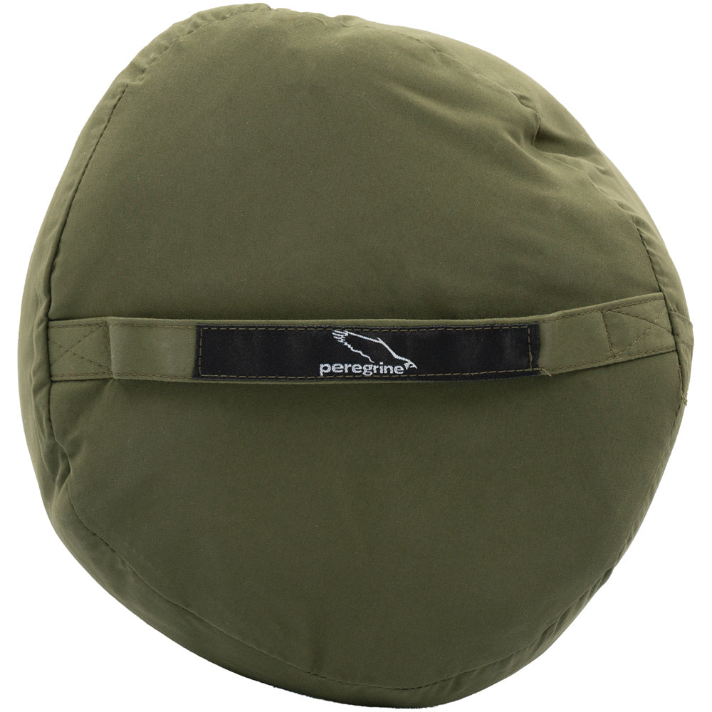 End view of the Peregrine Link-Up Double Olive Green quilt's packed stuff sack