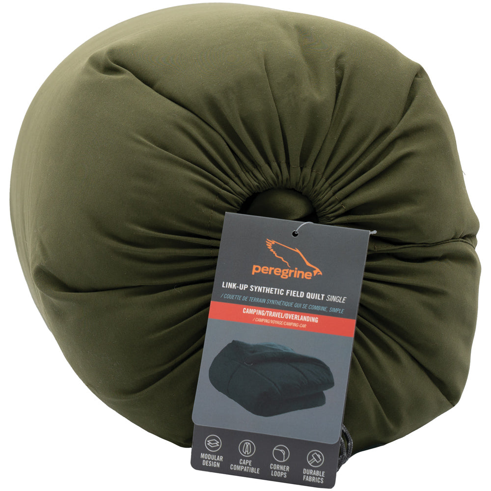 Peregrine Link-Up Double Olive Green quilt's packed size and product label