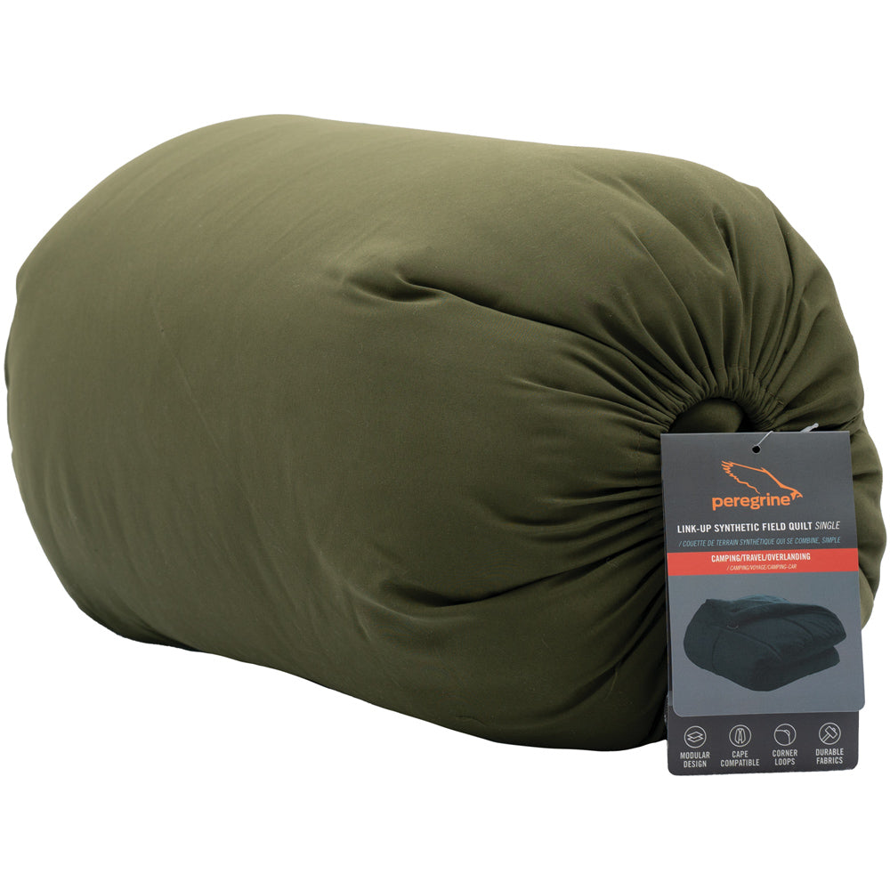 Peregrine Link-Up Double Olive Green quilt packed with its product label