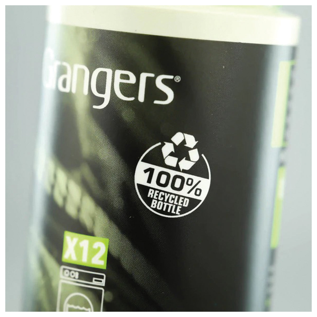 Close-up of the recycled-bottle and wash-count labels on Grangers Down Wash