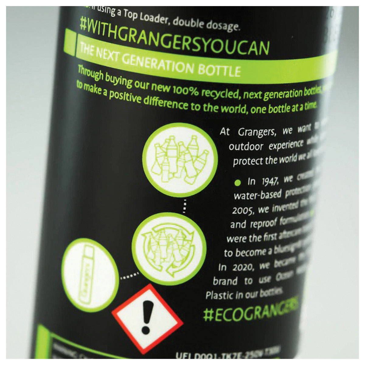 Grangers Down Wash bottle, rear label with packaging information and warning symbol