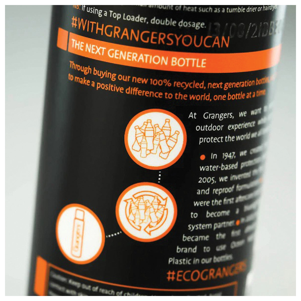 Close-up of the rear Grangers Clothing Repel bottle label with clothing illustrations