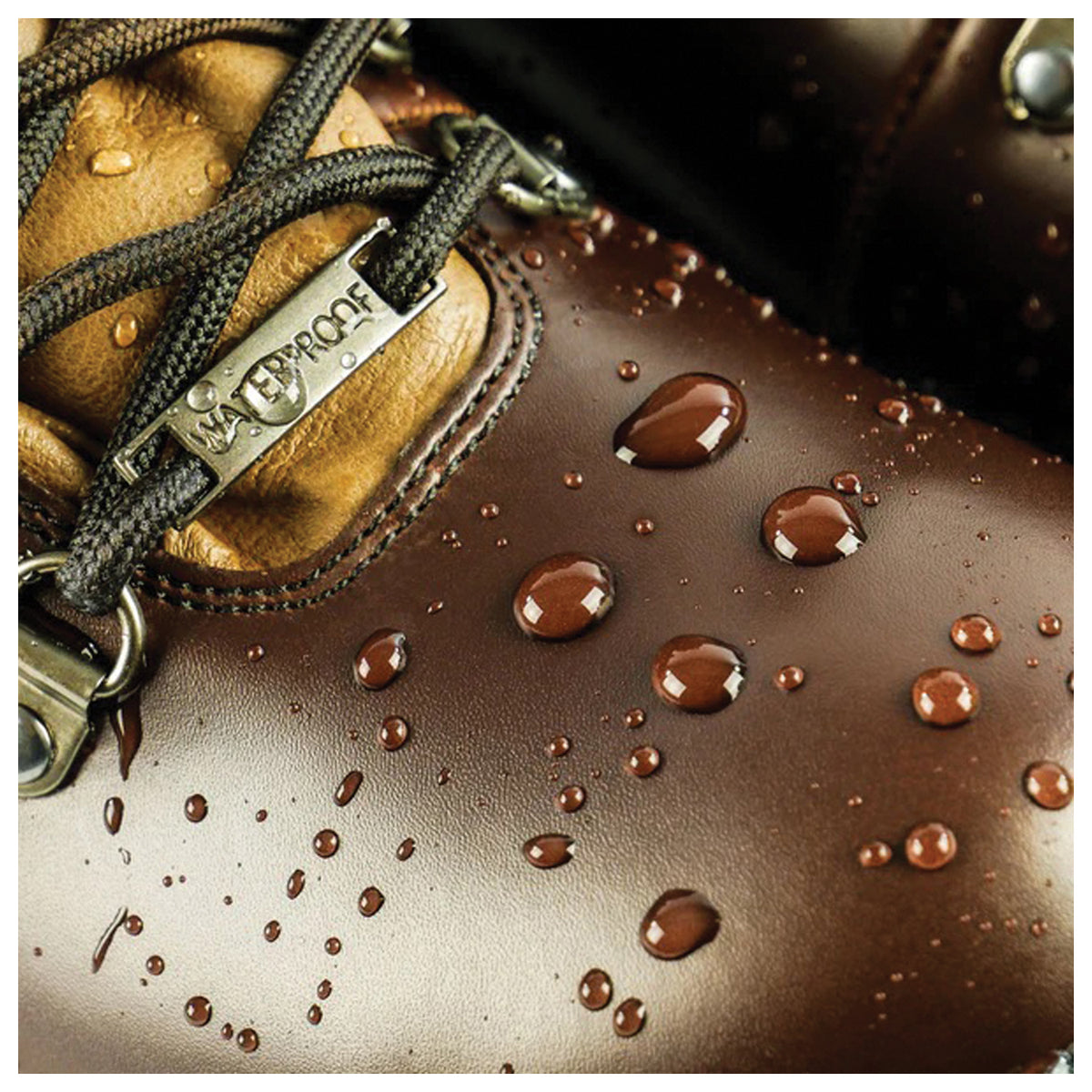 Water droplets beading on a brown leather boot in the Grangers G-Wax gallery