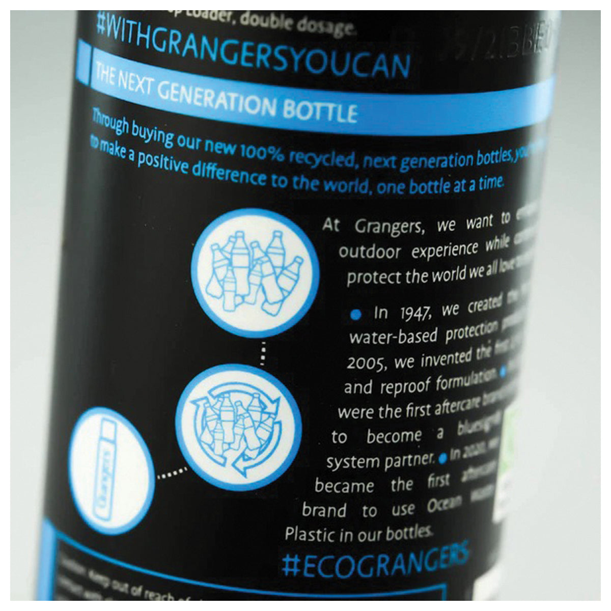 Grangers Wash + Repel Down 2 in 1 bottle, close-up of the rear packaging information