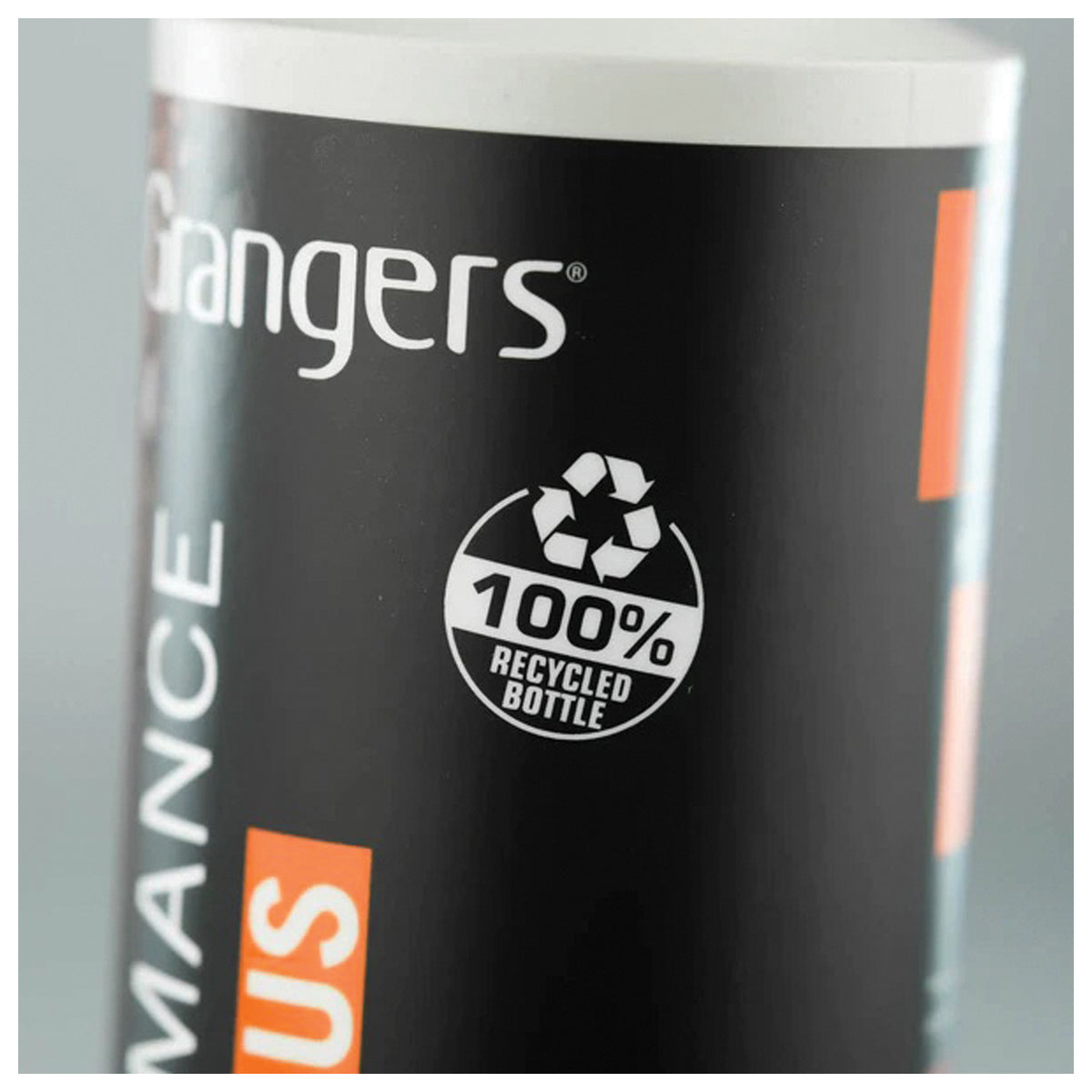 Close-up of the Grangers Performance Repel Plus label and recycled-bottle symbol