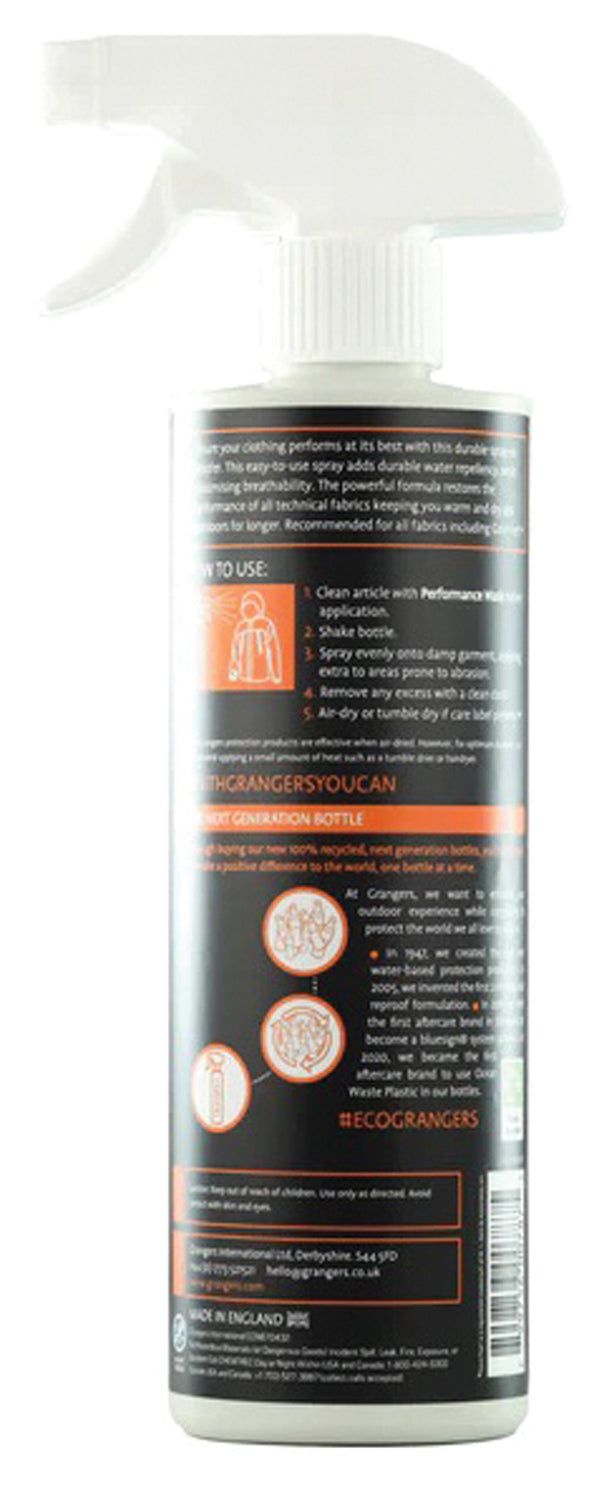 Rear view of the Grangers Performance Repel Plus spray bottle and instructions label