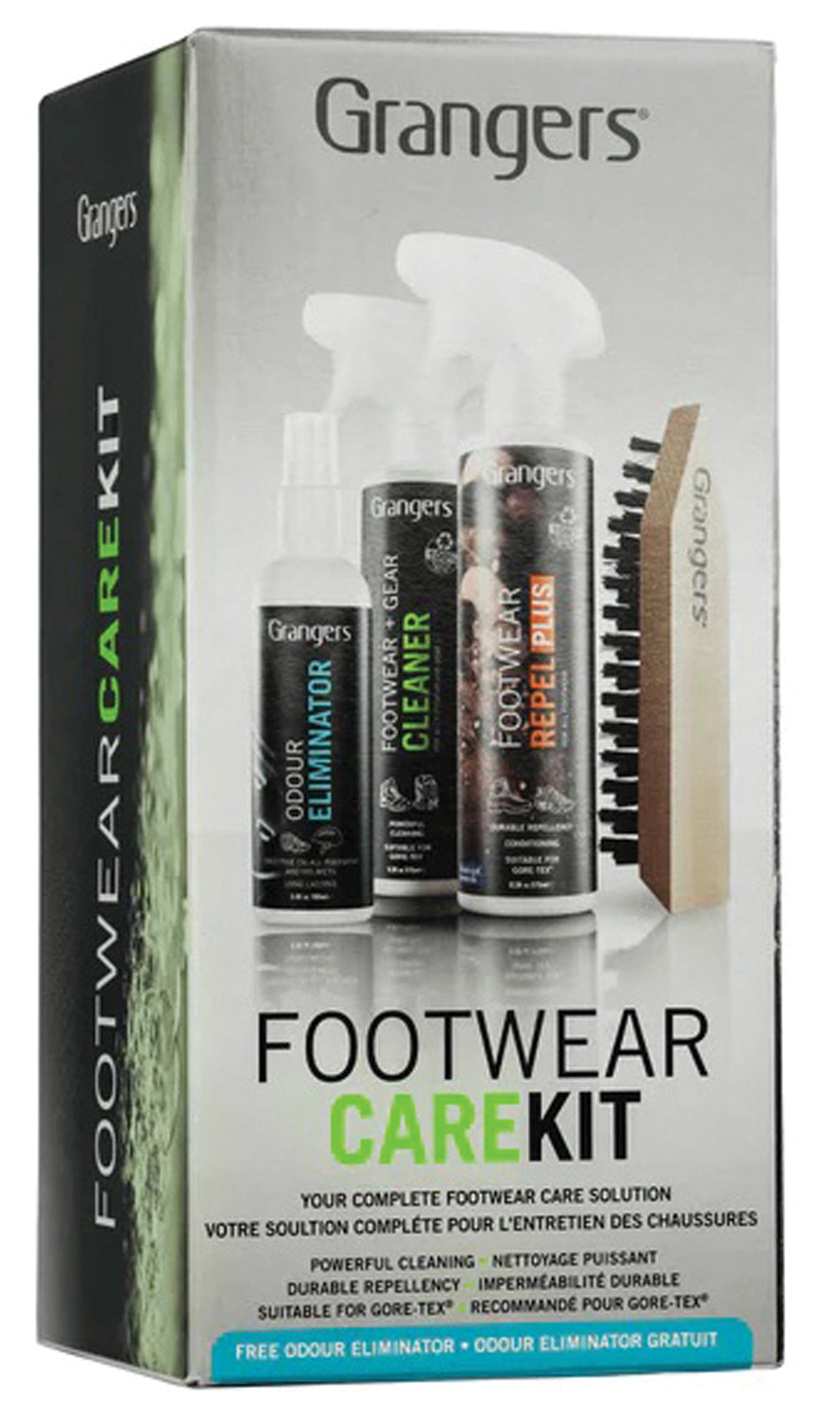 Angled view of the Grangers Footwear Care Kit retail box