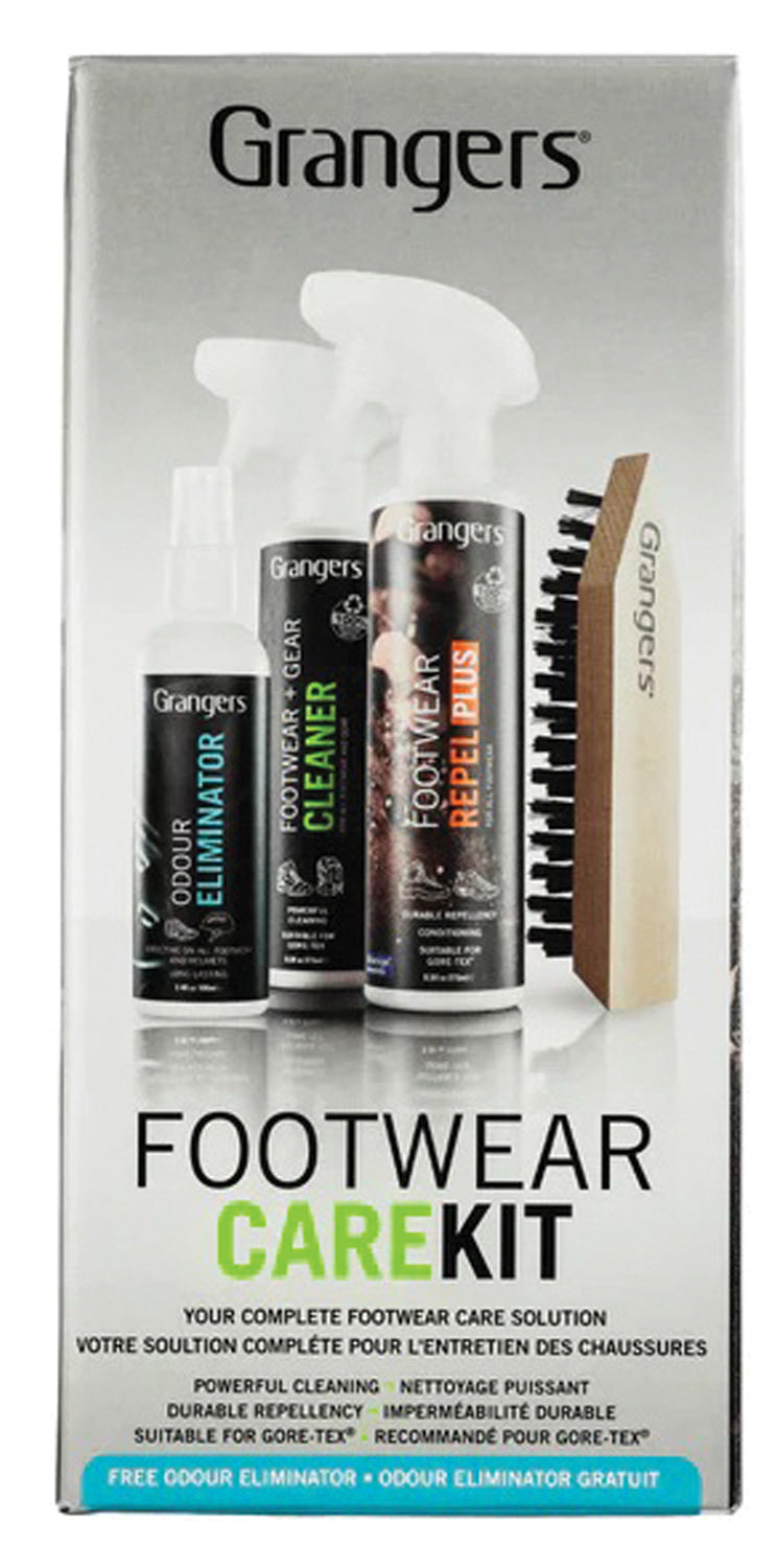 Front of the Grangers Footwear Care Kit box showing its four care items