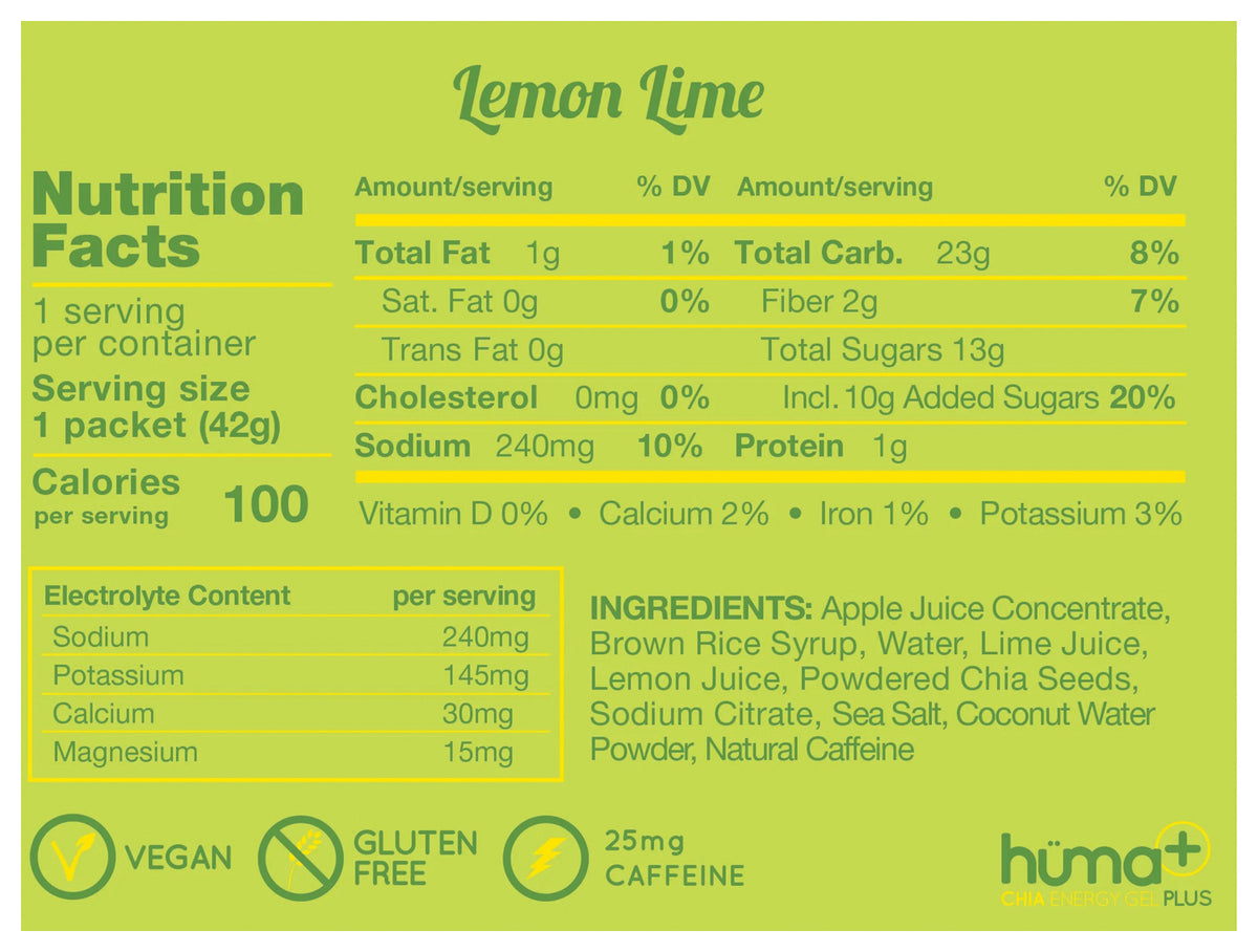 Nutrition facts and ingredients label for Hüma Plus Lemon Lime energy gel