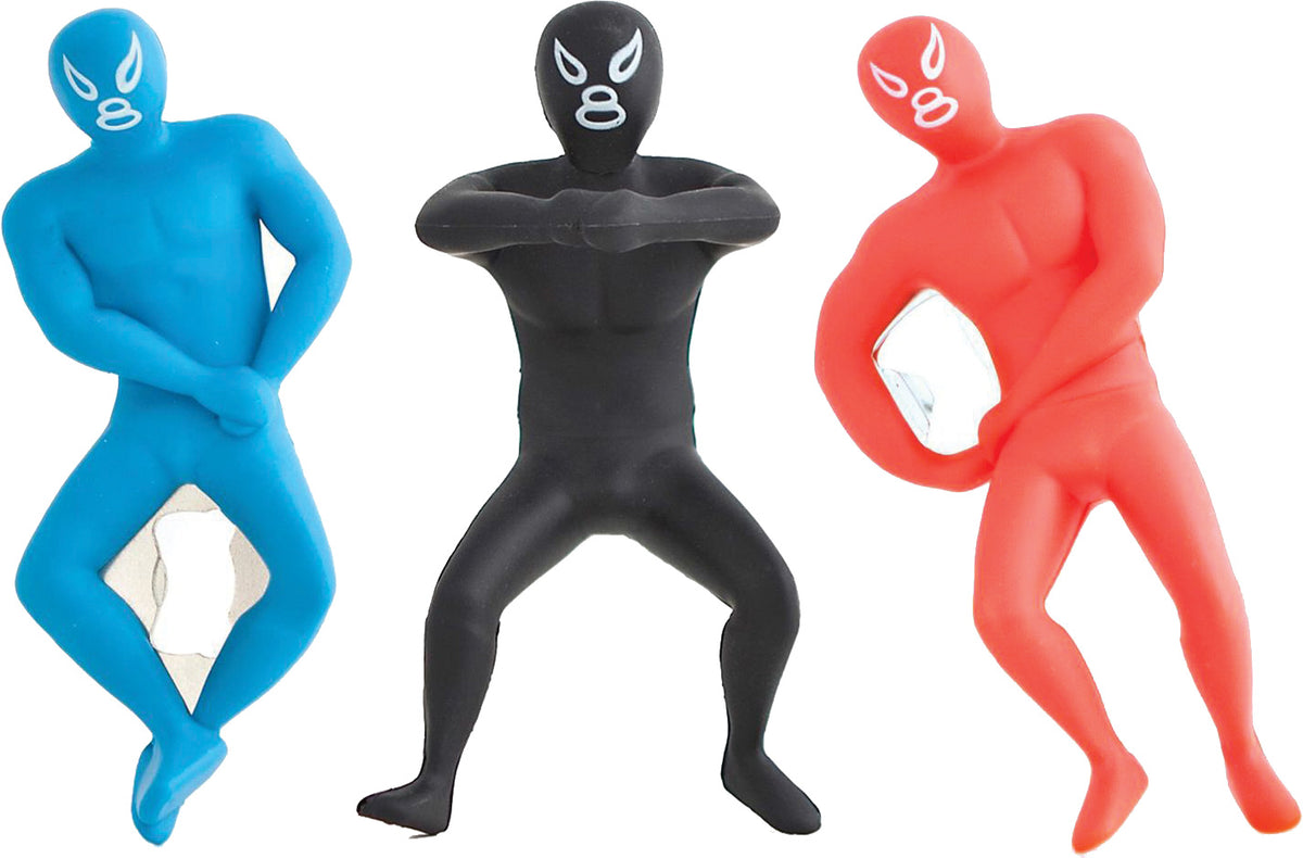 Blue, black and red Kikkerland Luchador bottle opener designs shown together; one randomly selected opener supplied