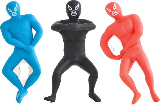 Blue, black and red Kikkerland Luchador bottle opener designs shown together; one randomly selected opener supplied
