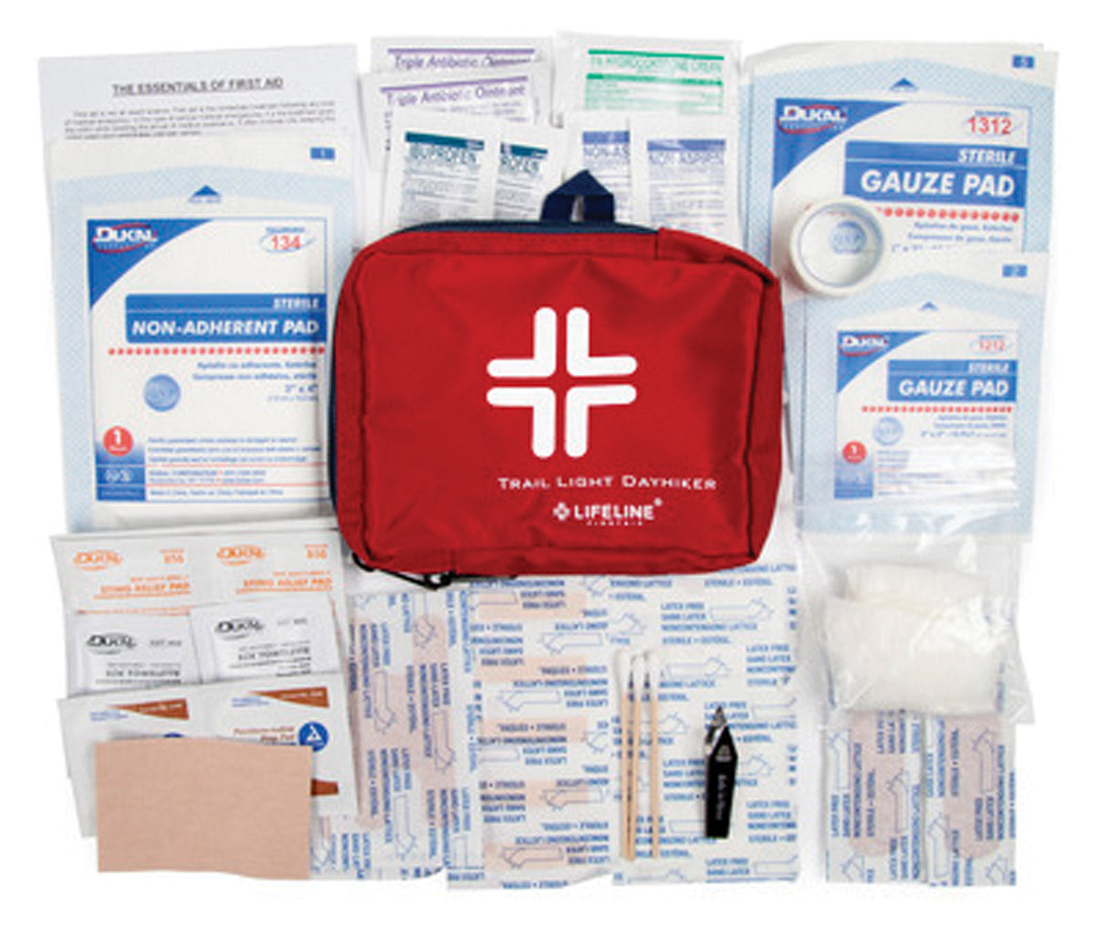 Red Lifeline Trail Light Day Hiker pouch with first aid supplies arranged around it