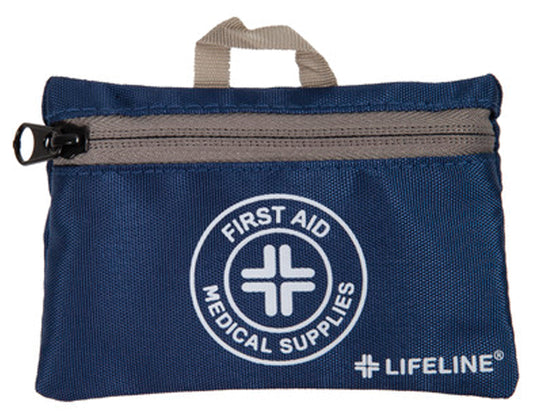 Front of the blue Lifeline Essential 50-piece first aid pouch with zipper and carry handle