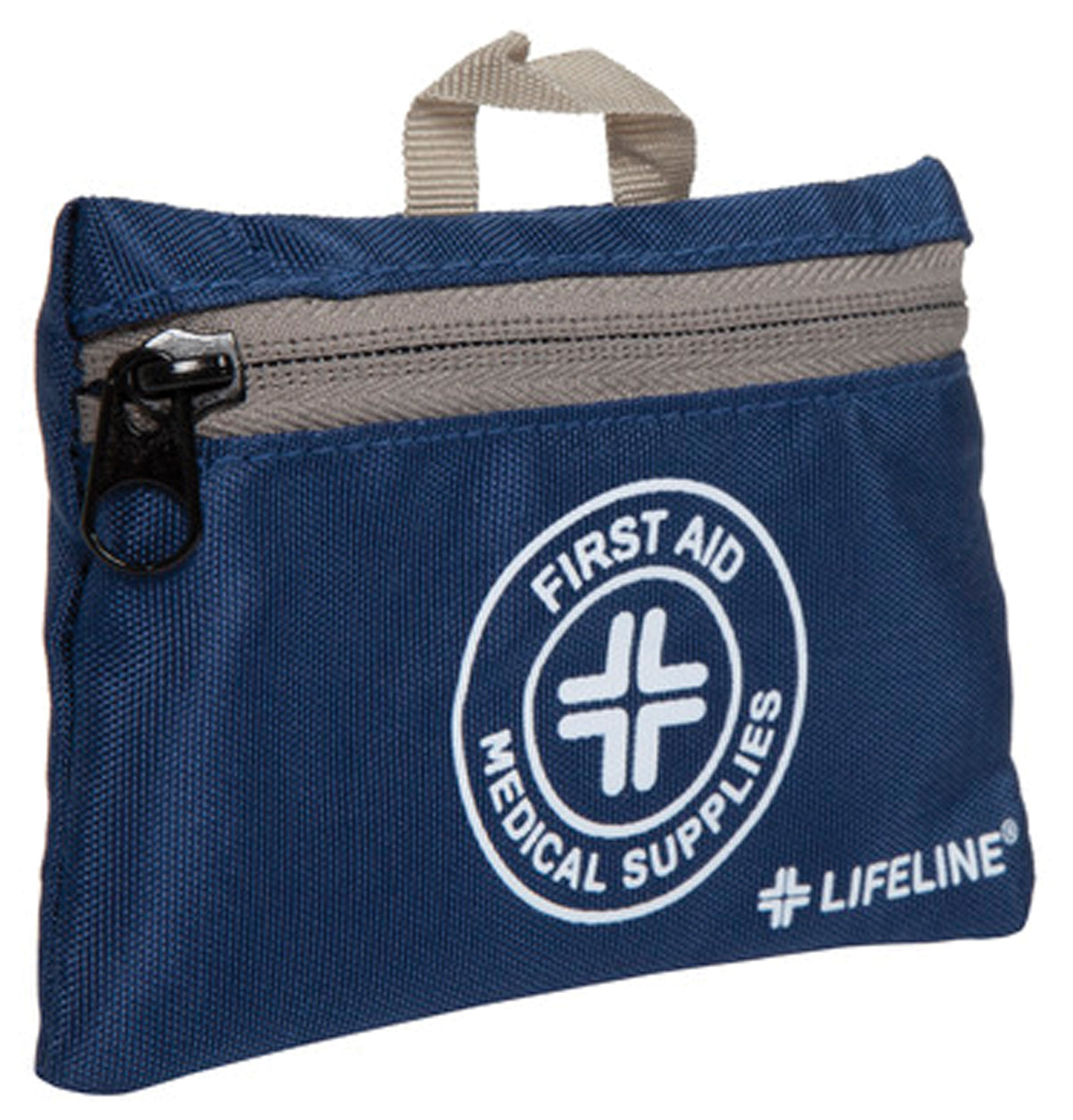 Angled view of the blue Lifeline Essential 50-piece first aid pouch