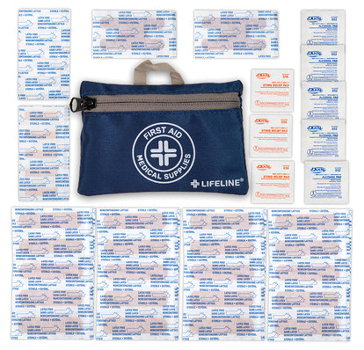 Lifeline Essential 50-piece first aid kit with blue zippered pouch and supplies