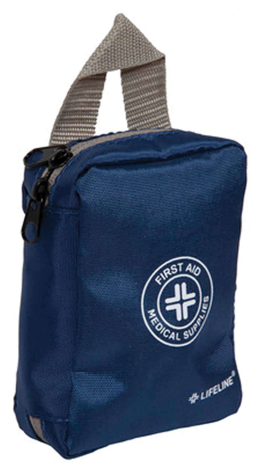 Angled view of the blue Lifeline Essential 125-piece first aid bag