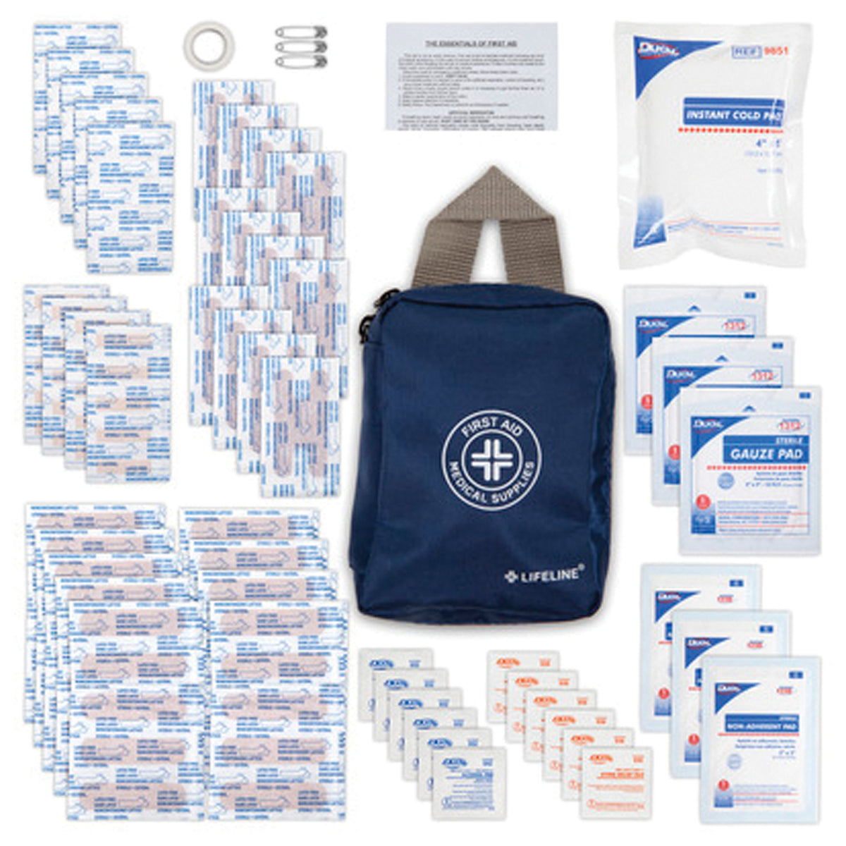Lifeline Essential 125-piece first aid kit with blue carry bag, cold pack, gauze and bandages