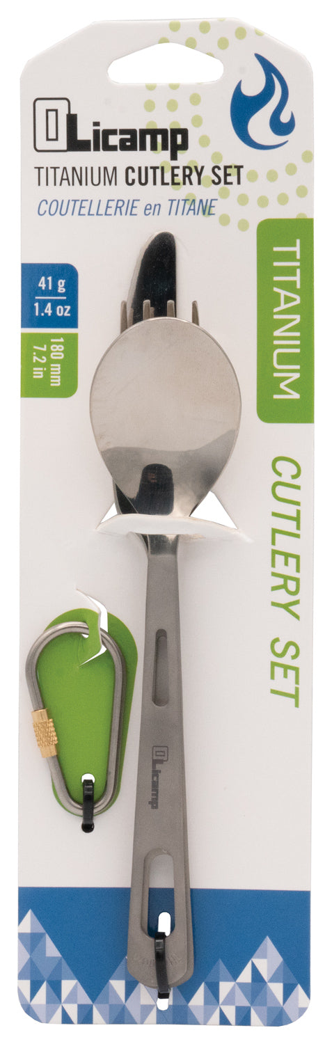Olicamp titanium fork, knife and spoon set in packaging