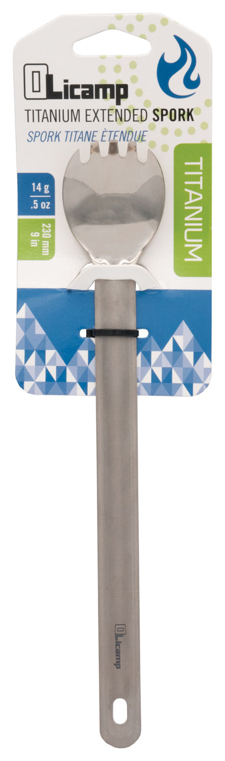 Olicamp Long Titanium Spork in manufacturer packaging