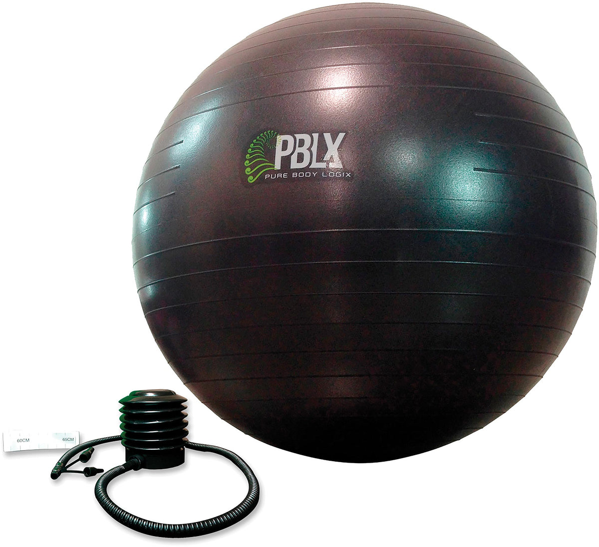 Dark PBLX exercise ball pictured with a foot pump