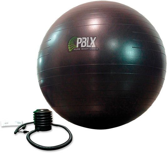 Dark PBLX exercise ball pictured with a foot pump