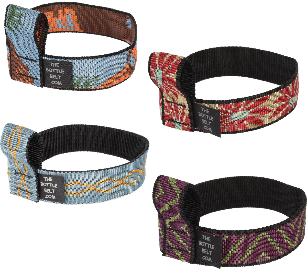 Four examples of Peregrine Bottle Belt patterns