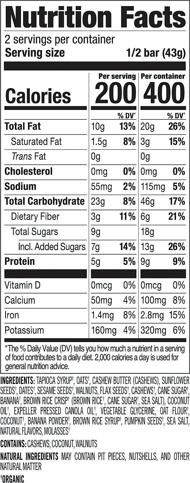 Nutrition facts and ingredients label for PROBAR MEAL Original Trail Mix
