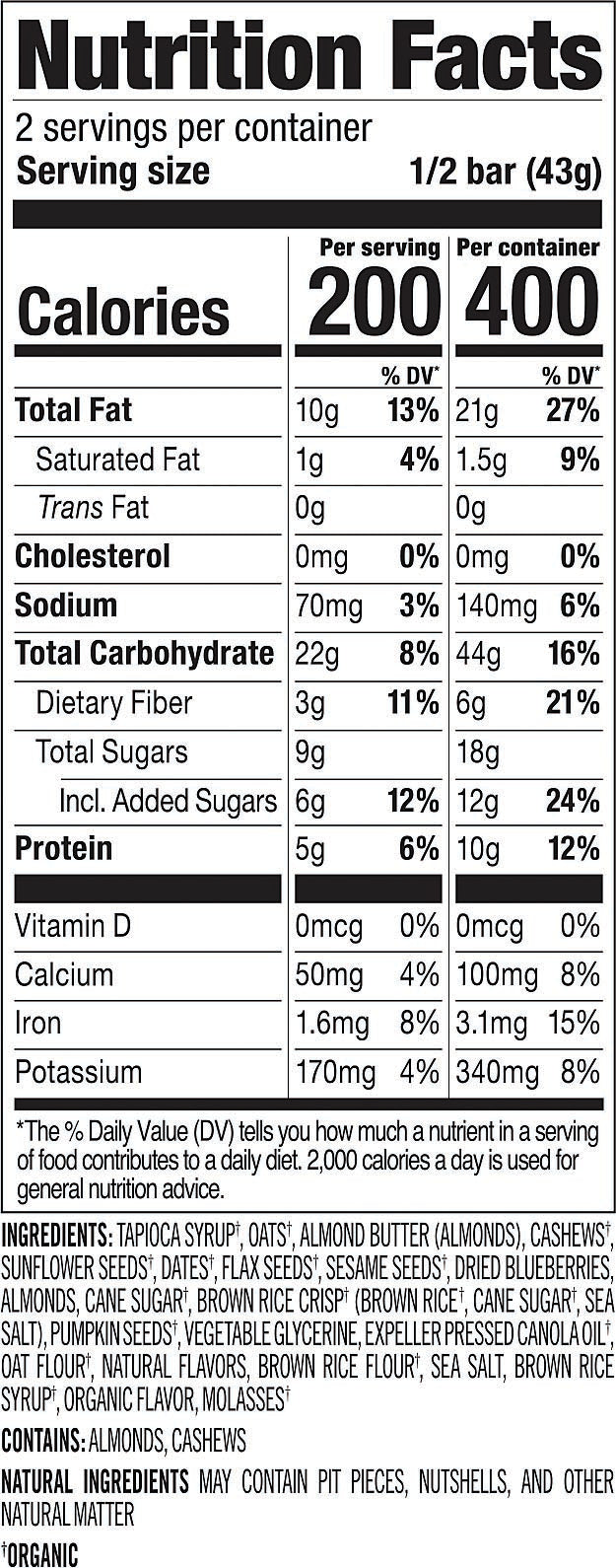 Nutrition facts and ingredients label for PROBAR MEAL Wholeberry Blast