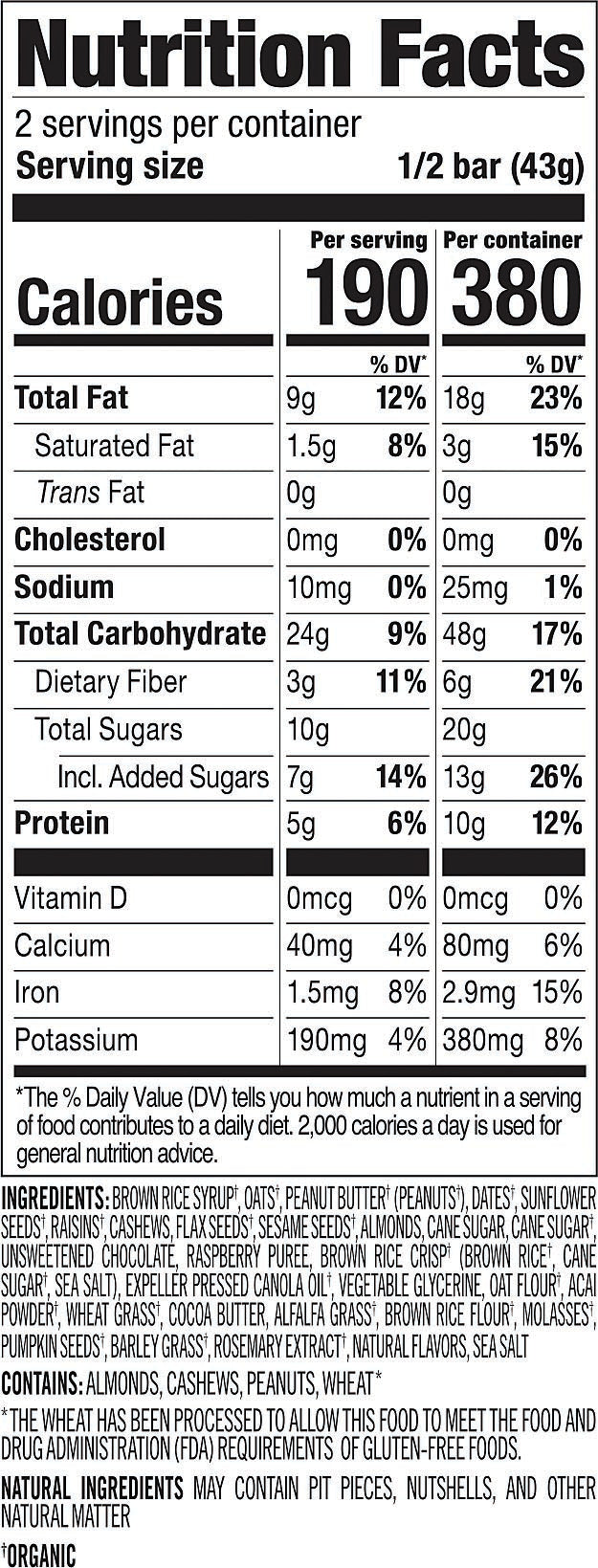 Nutrition facts and ingredients label for PROBAR MEAL Superfood Slam
