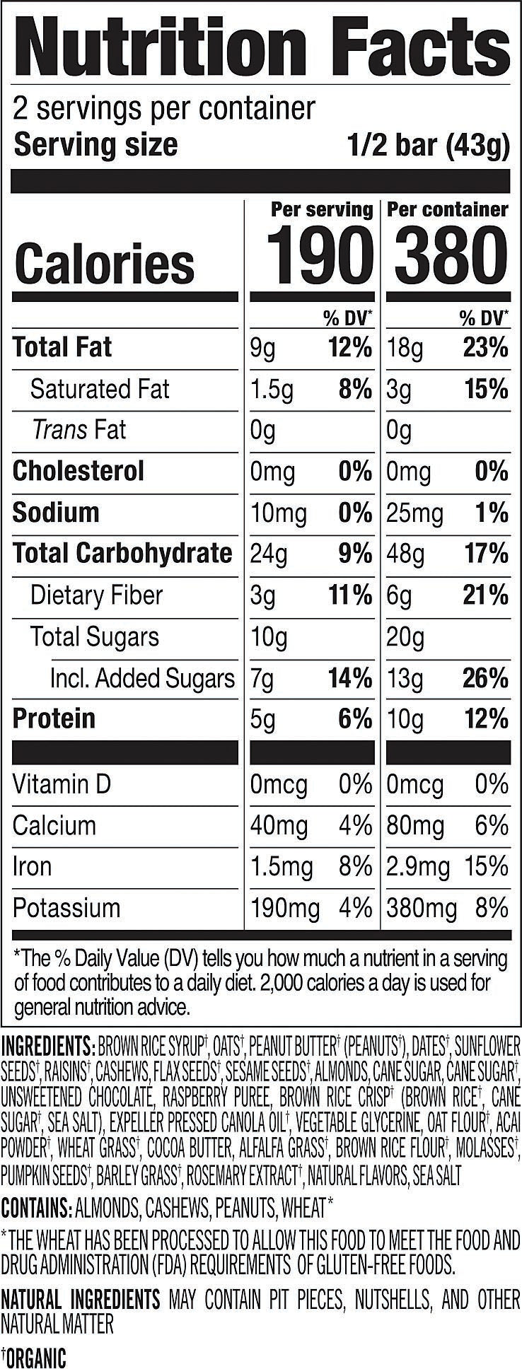 Nutrition facts and ingredients label for PROBAR MEAL Superfruit Slam