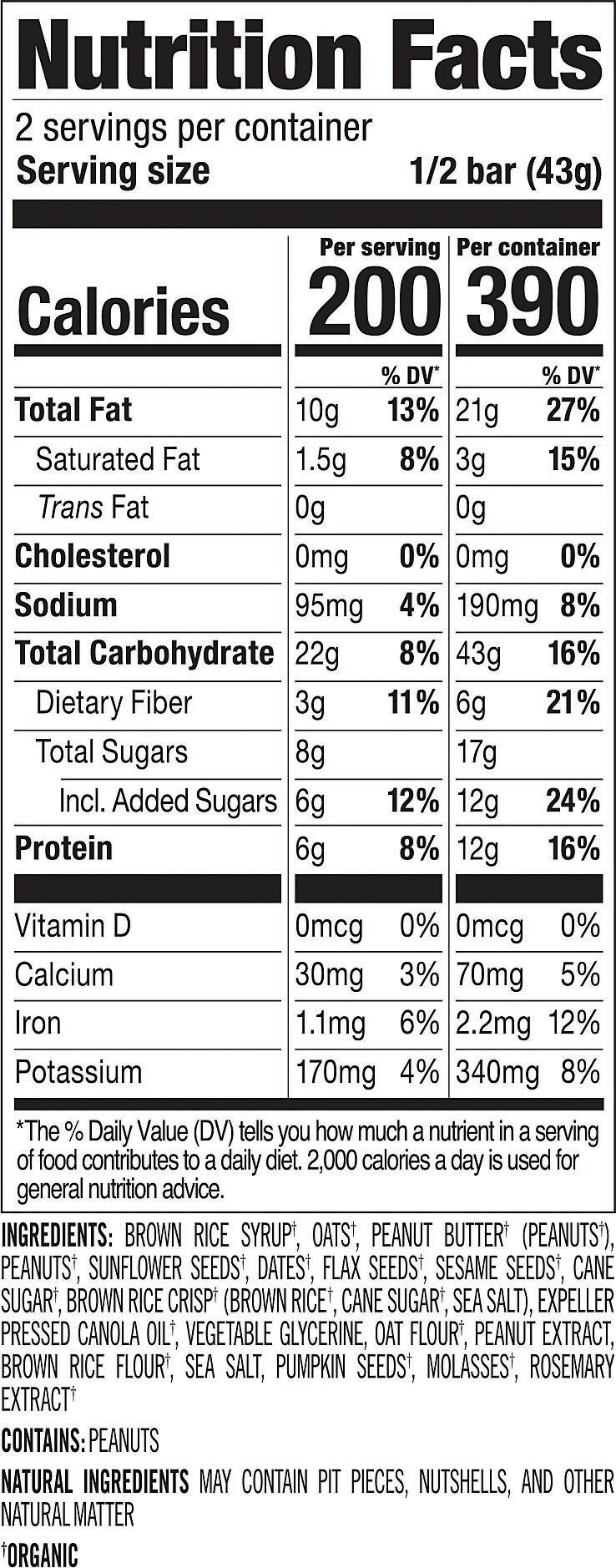 Nutrition facts and ingredients label for PROBAR MEAL Peanut Butter