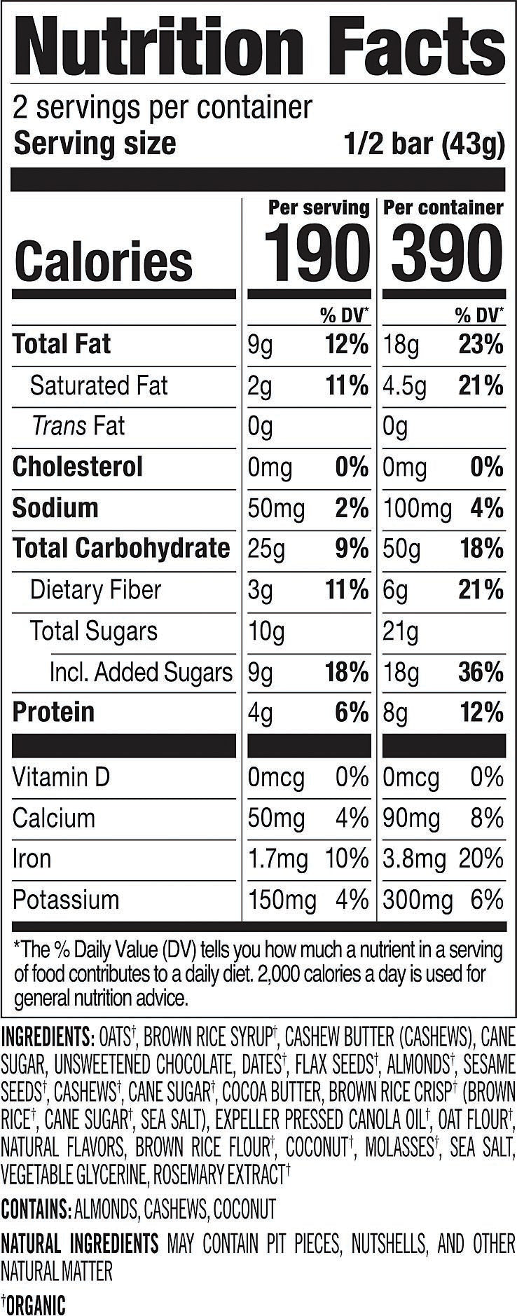 Nutrition facts and ingredients label for PROBAR MEAL Chocolate Coconut