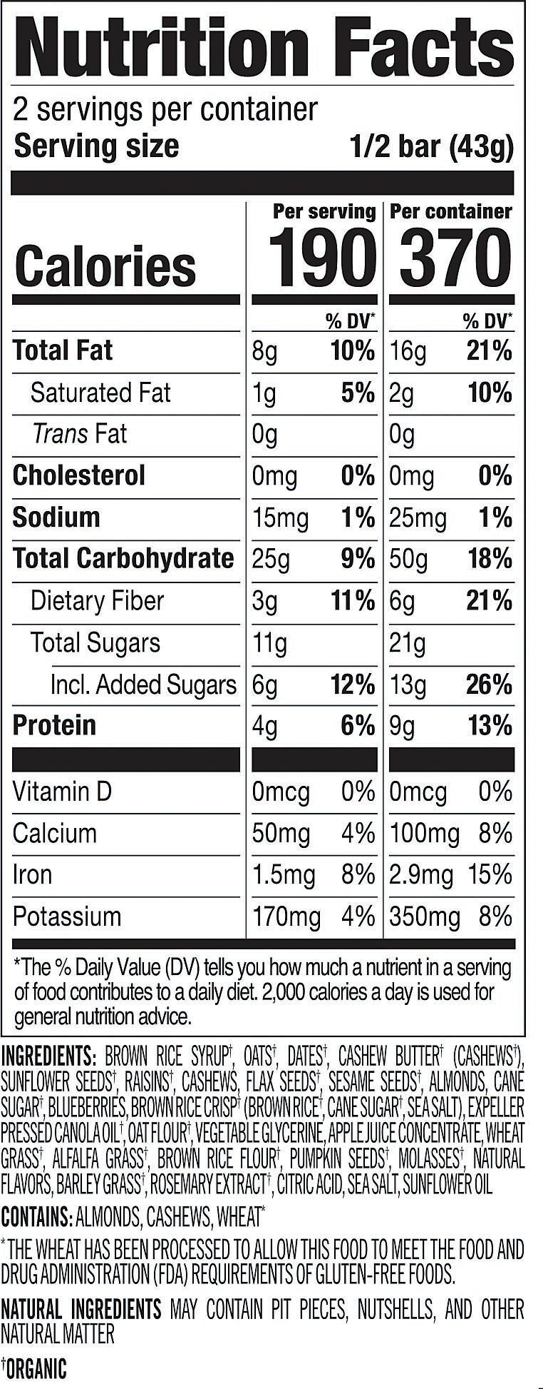 Nutrition facts and ingredients label for PROBAR MEAL Superberry and Greens