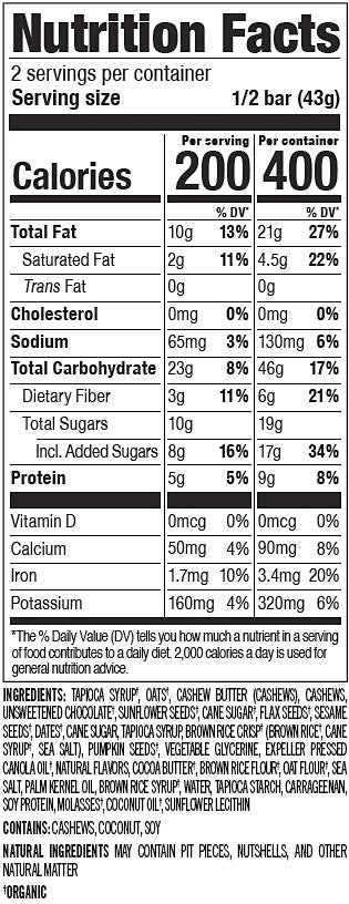 Nutrition facts label for PROBAR MEAL S'mores