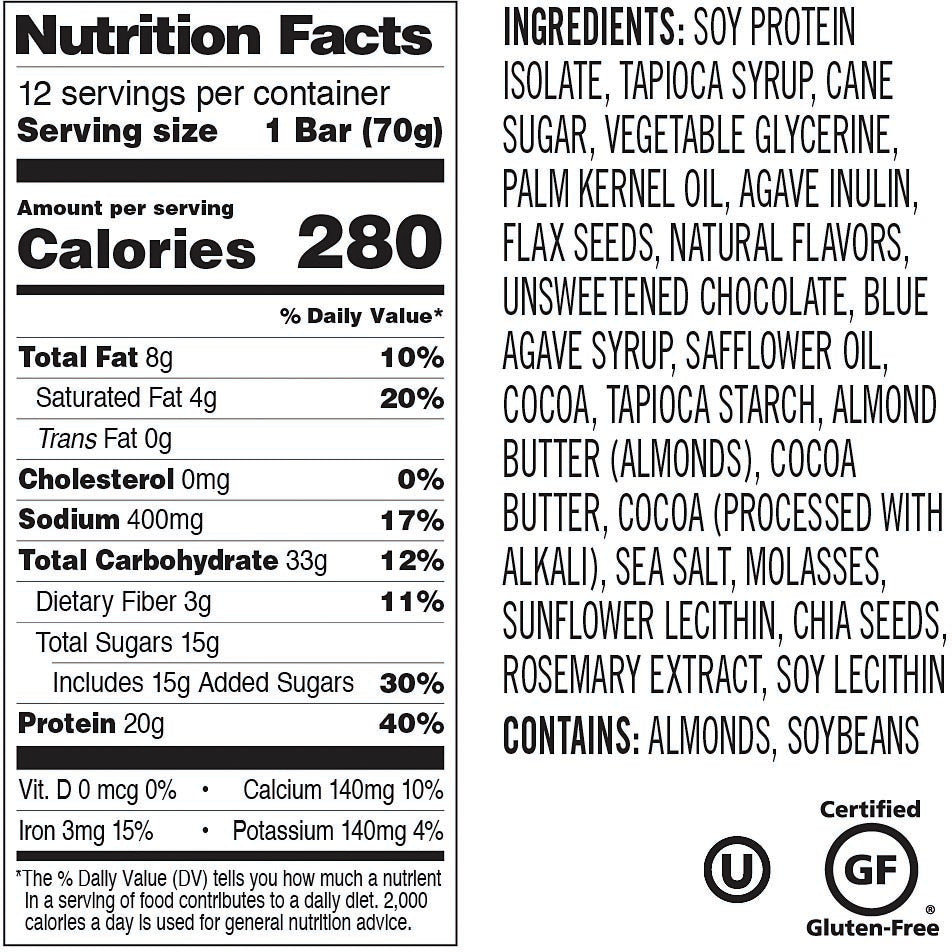 Nutrition facts and ingredients label for PROBAR Cookie Dough protein bar