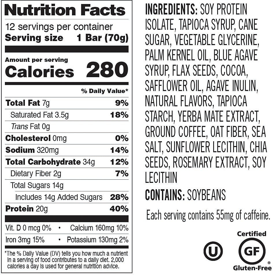Nutrition facts and ingredients label for PROBAR Coffee Crunch protein bar