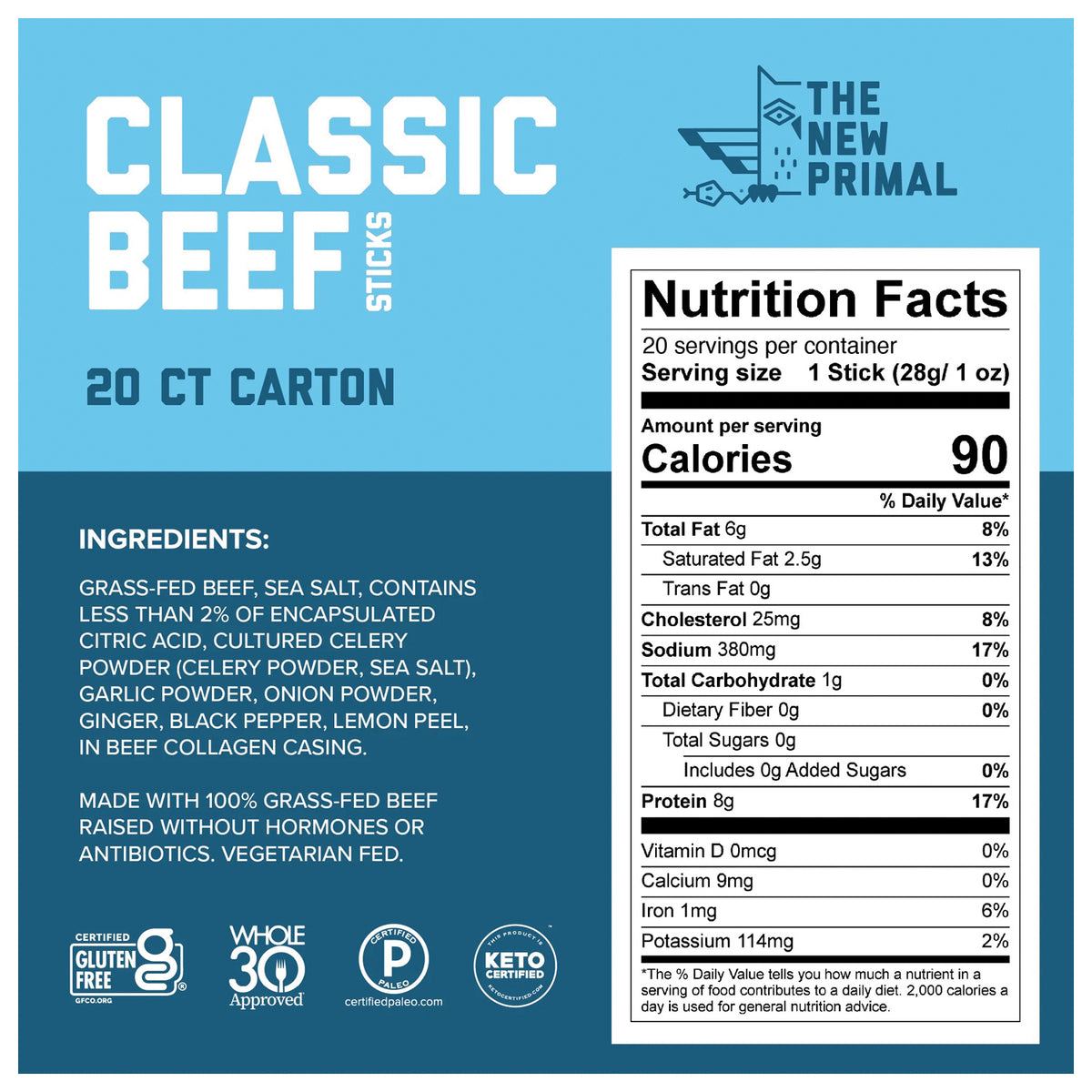Nutrition facts and ingredients panel for The New Primal Classic Beef Sticks