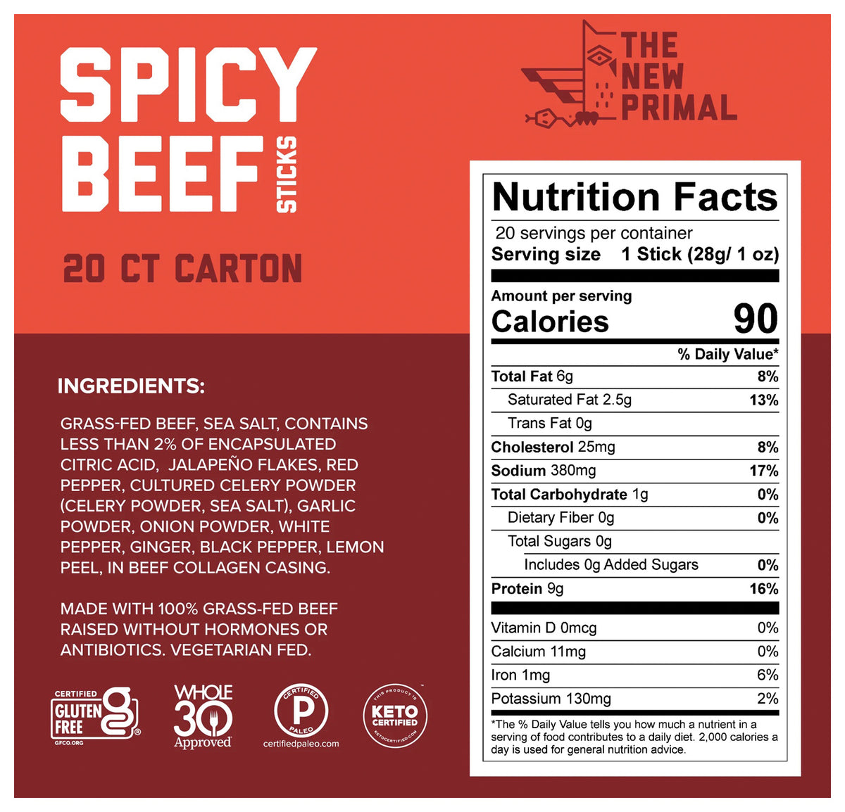 Nutrition facts and ingredients panel for The New Primal Spicy Beef Sticks