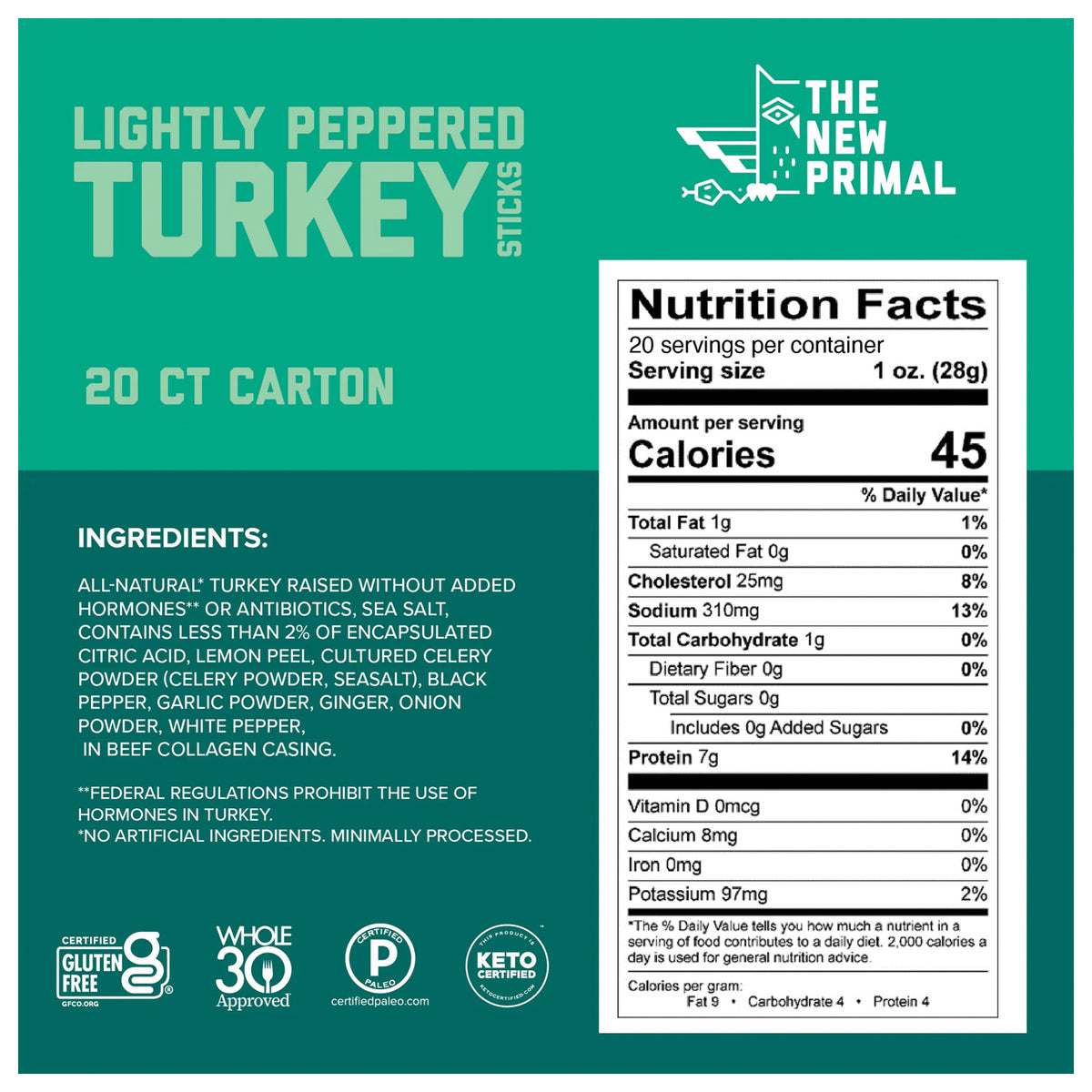 Nutrition facts and ingredients panel for The New Primal Lightly Peppered Turkey Sticks