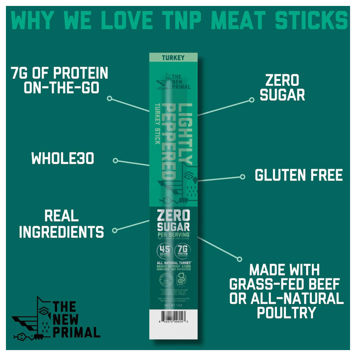 The New Primal Lightly Peppered Turkey Stick product information graphic