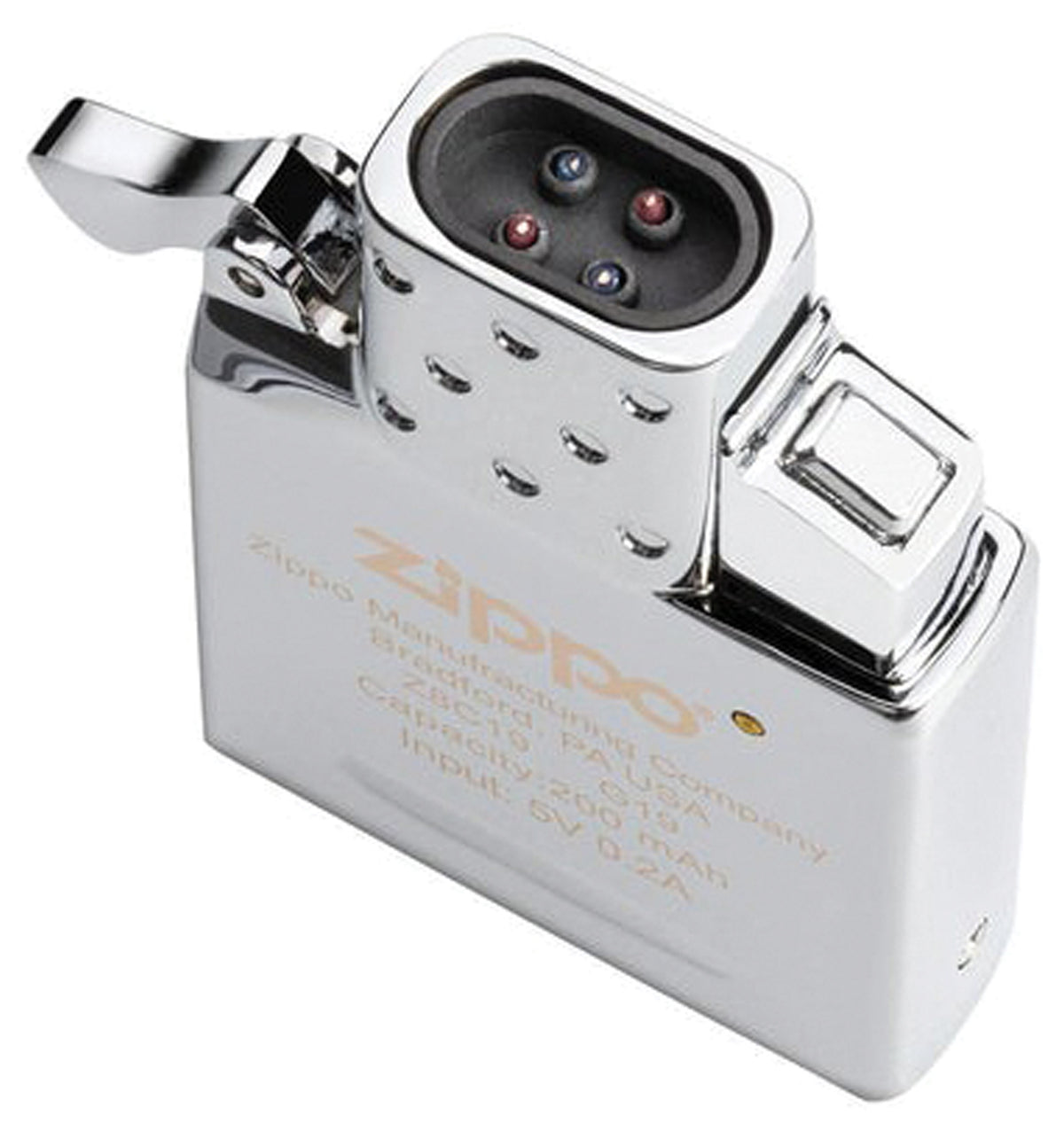Zippo 65828 double-arc lighter insert showing the plasma electrodes and push button