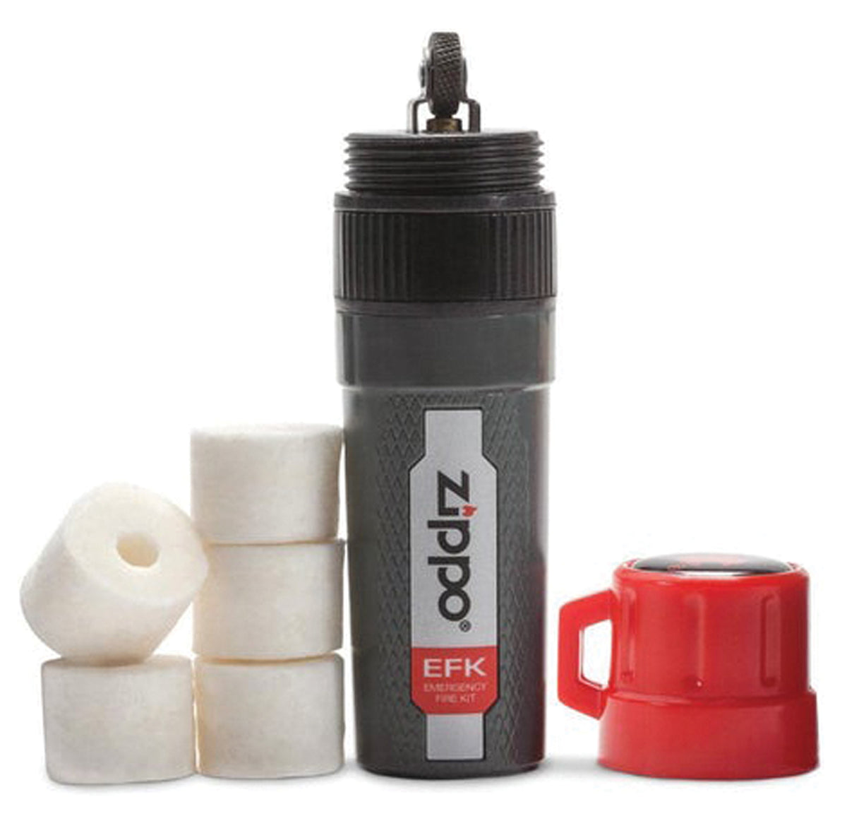 Open Zippo Emergency Fire Kit with flint spark wheel, red cap and white tinder pieces