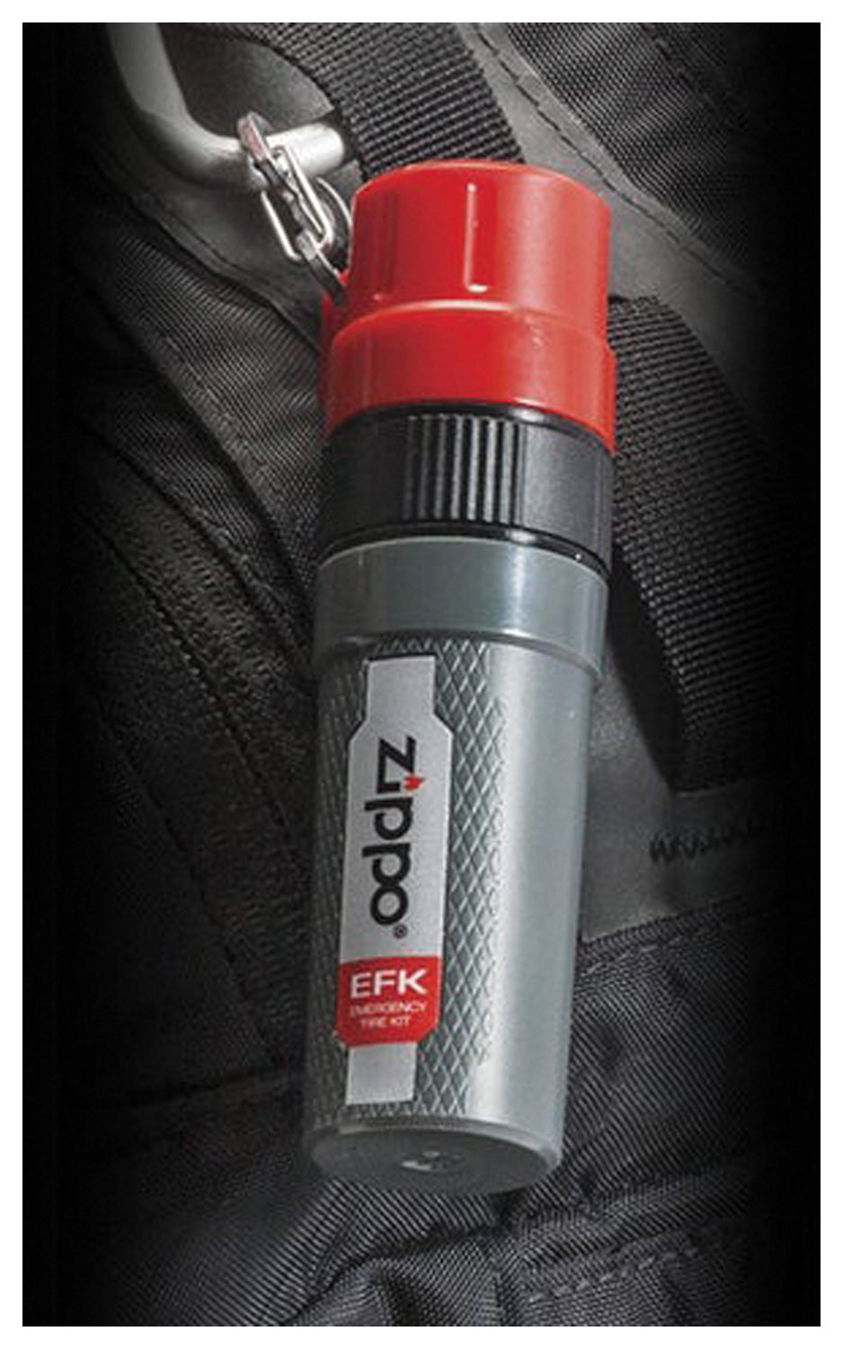 Zippo Emergency Fire Kit attached to a backpack