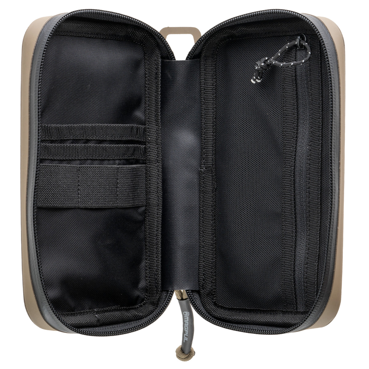 Flat Dark Earth Magpul DAKA Utility Organizer, Standard, open to show interior pockets and elastic loops