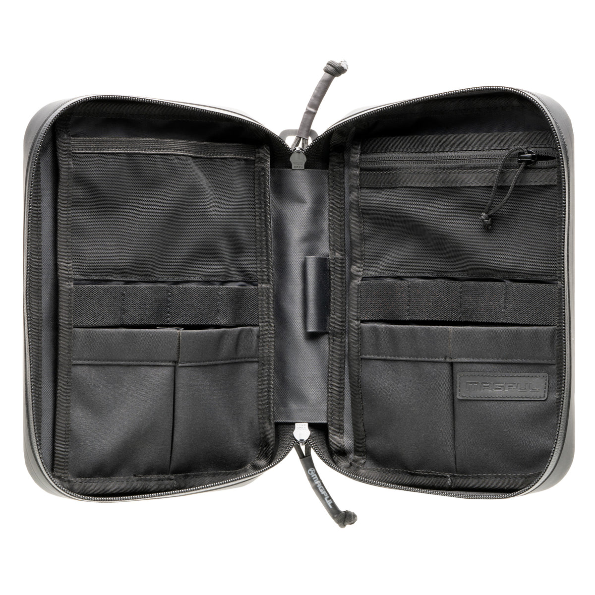 Black Magpul DAKA Utility Organizer, Large, open to show interior pockets and elastic webbing
