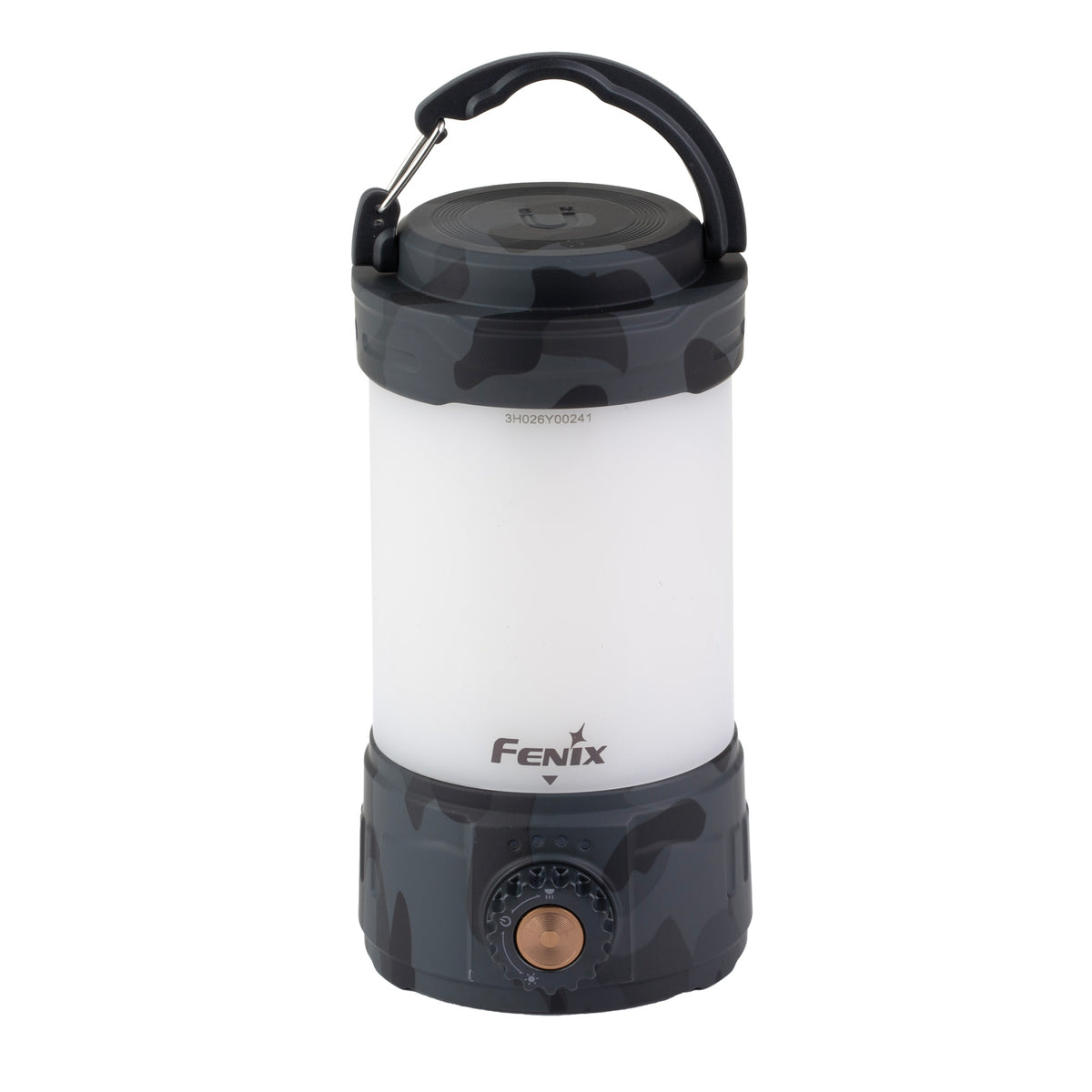 Fenix CL26R PRO lantern in gray camo, standing upright with hanging hook raised and base controls visible