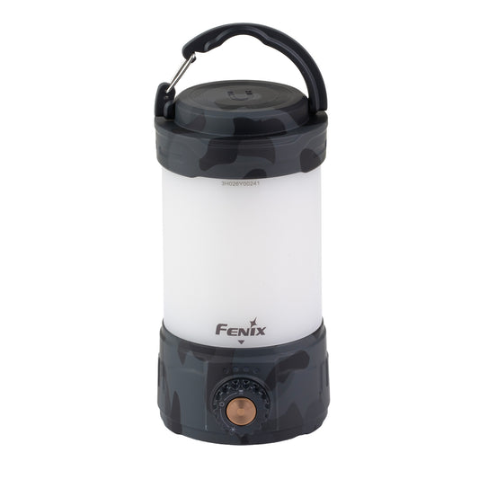 Fenix CL26R PRO lantern in gray camo, standing upright with hanging hook raised and base controls visible
